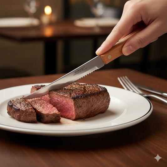 Winco Steak Knife 4.5" Stainless Steel Blade with Wooden Handle 8.5" O.A.L. - 12/Pack