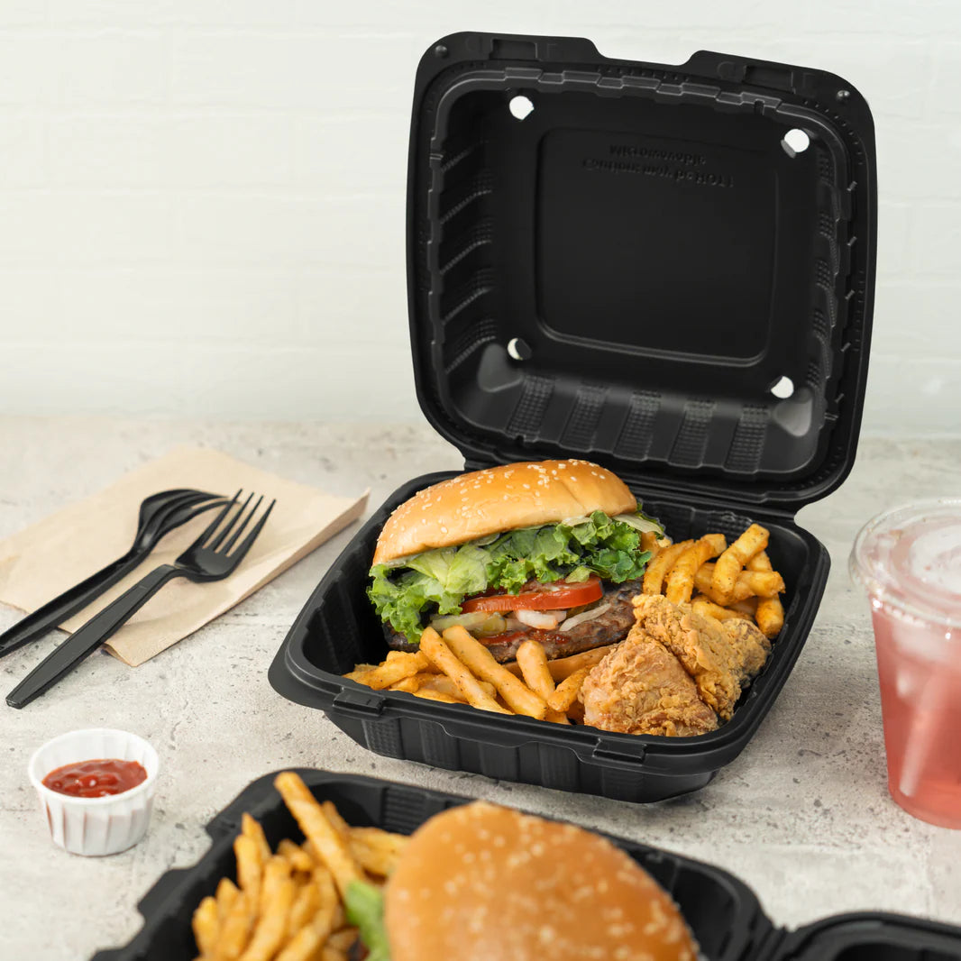 Mineral-Filled 1 Comp Hinged Take-Out Container Black 8" x 8" - 200/Case