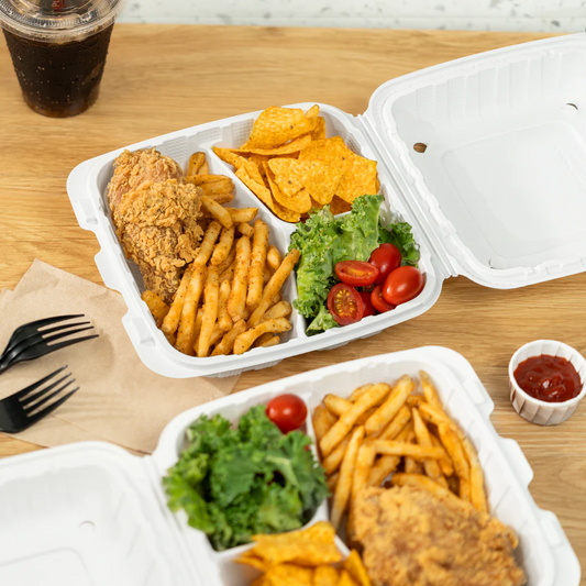 Mineral-Filled 3 Comp Plastic Hinged Take-Out Container White 8" x 8" - 150/Case