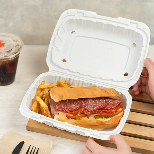 Mineral-Filled 1 Comp Plastic Hinged Take-Out Container White 9" x 6" - 150/Case