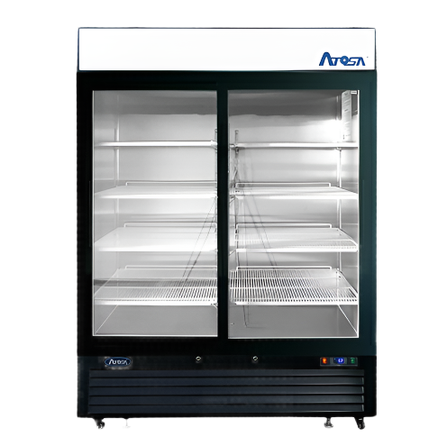 Atosa Two-Section Bottom Mount Sliding Glass Door Refrigerator Black 81" H