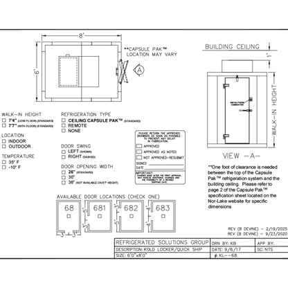 Norlake Kold Locker 6' x 8' x 7'7" Indoor Walk-In Cooler with Floor & Capsule Pak (Left Hinge, 30" Door) – Clearance / Unassembled Kit