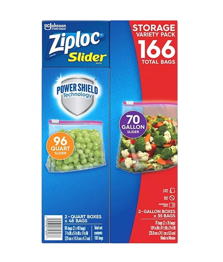 Ziploc Slider Storage Bag (Variety Pack: Quart 96 ct., Gallon 70 ct.)