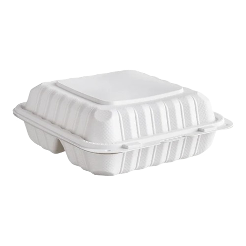 Ecopax Mineral-Filled 3 Comp Plastic Hinged Take-Out Container White 8" x 8" - 150/Case