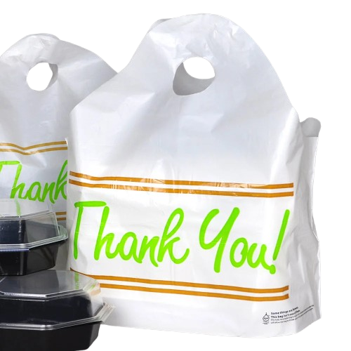 HDPE Plastic "Thank You" Take-Out Bag Wave Top Handle White 19" x 18" - 500/Case