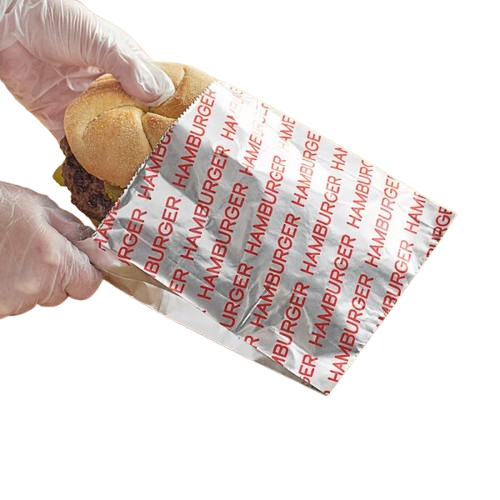 Foil Hamburger/Sandwich Bag Large "Hamburger" Printed 6" x 3/4" X 6-1/2"  - 1000/Case