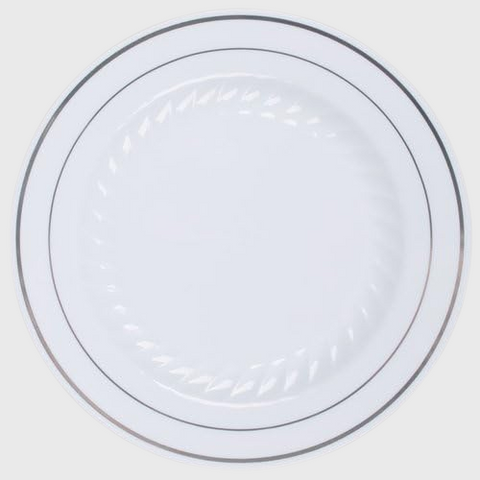 White Plastic Plate with Silver Bands 7" - 15/Pack