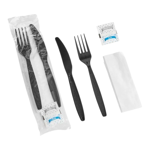 Heavy Weight Wrapped Polystyrene 5 Piece Cutlery Kit Black - 250/Case