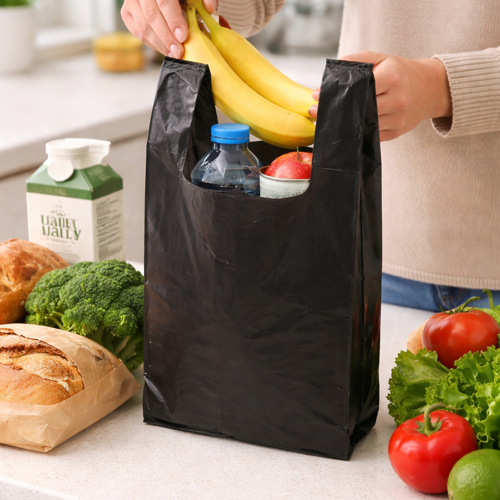 Self Open Black Plain T-Shirt Plastic Bag 1/10 Size - 1500/Case