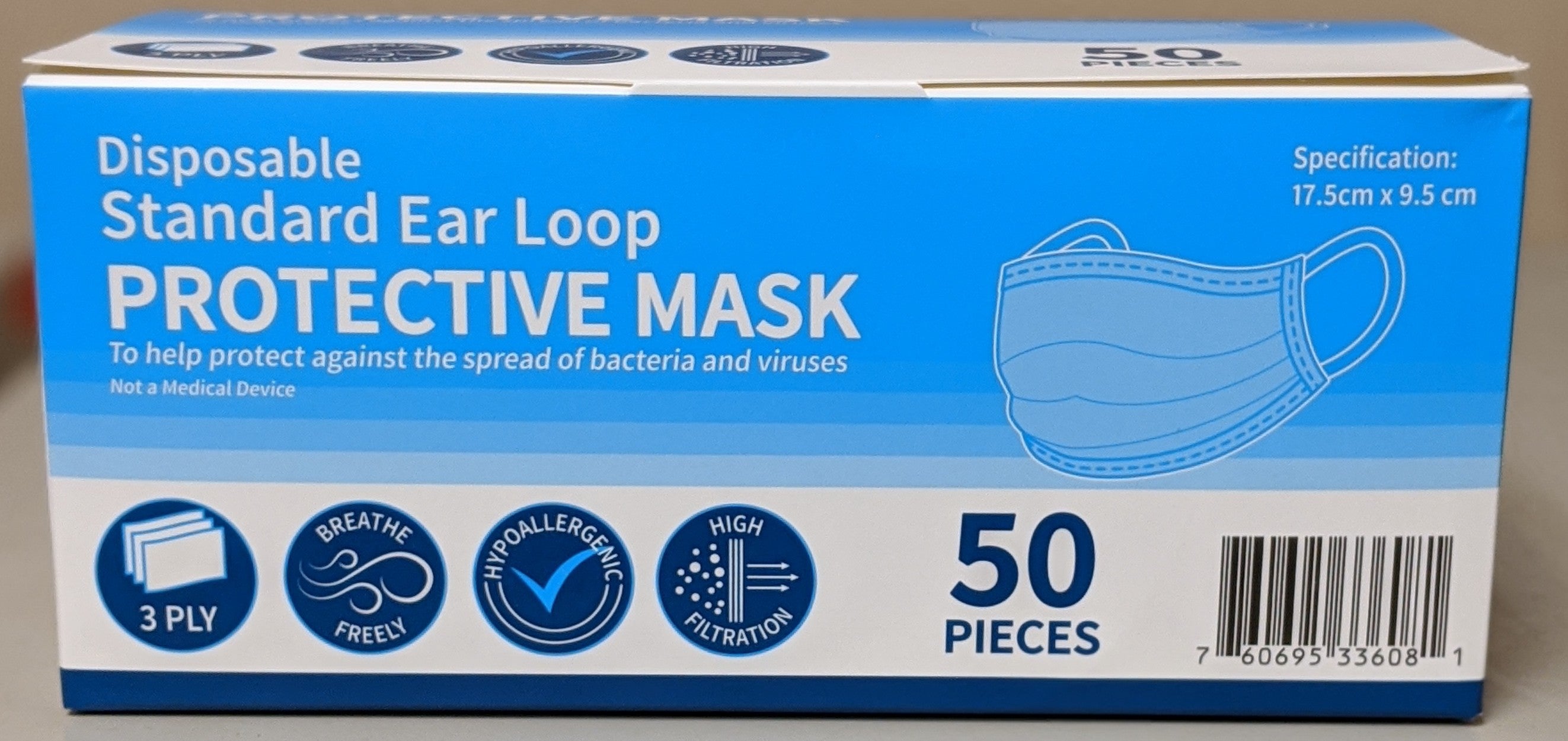 Disposable Standard Ear Loop Face Mask 3-Ply - 50/Box