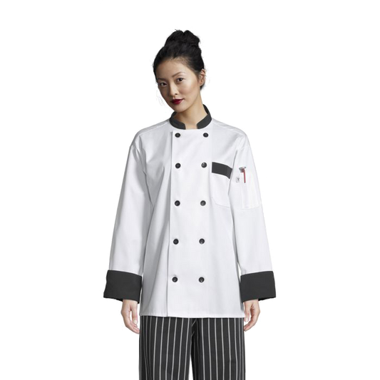 Uncommon Threads Chef Coat Large White w/ Black Trim Unisex 65/35 Poly/Cotton Twill