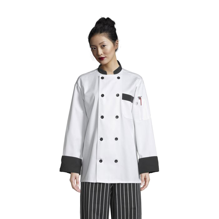 Uncommon Threads Chef Coat XL White w/ Black Trim Unisex 65/35% Poly/Cotton Twill
