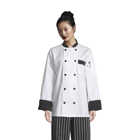 Uncommon Threads Chef Coat XS White w/ Black Trim Unisex 65/35% Poly/Cotton Twill