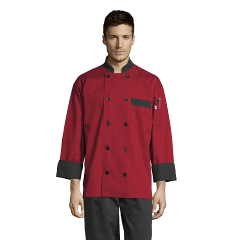 Uncommon Threads Chef Coat XL Red w/ Black Trim Unisex 65/35% Poly/Cotton Twill