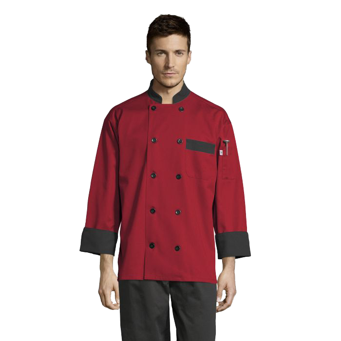 Uncommon Threads Chef Coat Large Red w/ Black Trim Unisex 65/35 Poly/Cotton Twill