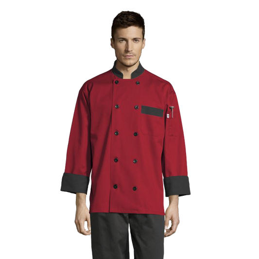 Uncommon Threads Chef Coat Medium Red w/ Black Trim Unisex 65/35 Poly/Cotton Twill