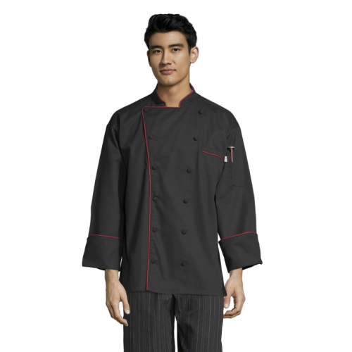 Uncommon Threads Murano Chef Coat XS Black w/ Red Unisex 65/35% Poly/Cotton Twill
