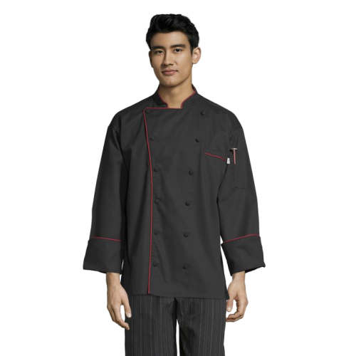 Uncommon Threads Murano Chef Coat Large Black w/ Red Unisex 65/35 Poly/Cotton Twill