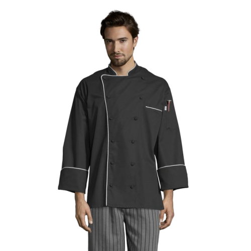 Uncommon Threads Murano Chef Coat Small Black w/ White Unisex 65/35 Poly/Cotton Twill