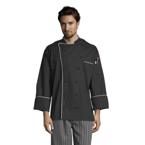 Uncommon Threads Murano Chef Coat Small Black w/ White Unisex 65/35 Poly/Cotton Twill