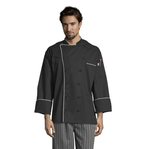 Uncommon Threads Murano Chef Coat 2XL Black w/ White Unisex 65/35 Poly/Cotton Twill