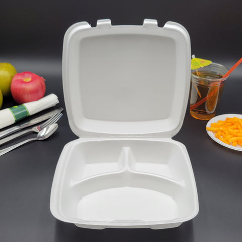 Dart Mfg. White Foam Three Compartment Hinged Carryout Container 9 1/2" x 9" x 3" 90HT3R - 200/Case