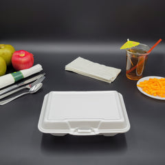 Dart Mfg. White Foam Two Compartment XL Hinged Carryout Container 9" x 6" x 3" 205HT2 - 200/Case