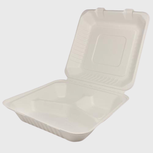 Biodegradable Hinged 9" X 9" X 3" Takeout Container Three Compartment  - 200/Case
