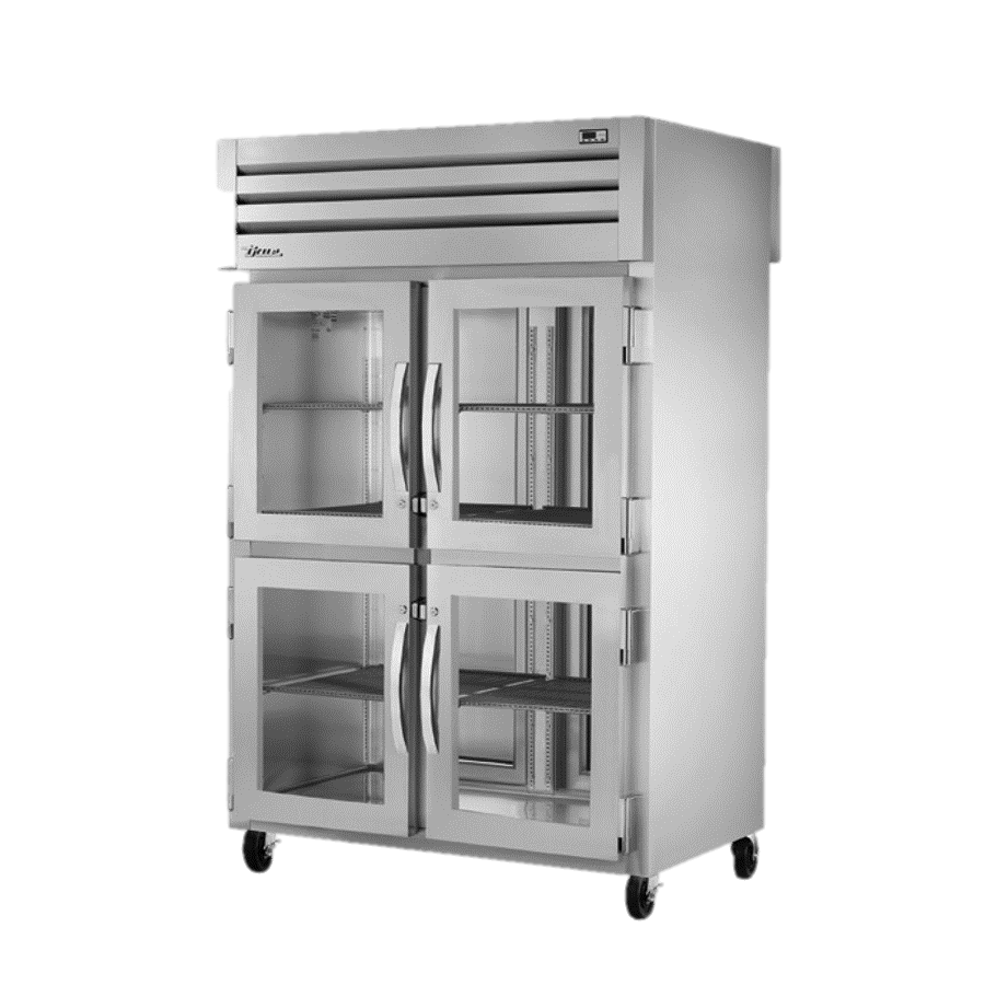superior-equipment-supply - True Food Service Equipment - True Two Section Four Glass Half Door Front & Two Stainless Steel Door Rear Pass-Thru Refrigerator