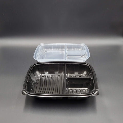 Microwaveable Hinged Container Black Bottom 11" x 8" 3 Compartment - 100/Case