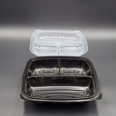 Microwavable Hinged Container Black Bottom 9" x 9" 3 Compartment - 100/Case