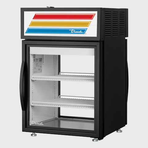 True Food Service Equipment Pass-Thru Countertop Refrigerated Merchandiser 24"W (2) Shelves & Doors with Black Powder Coated Exterior