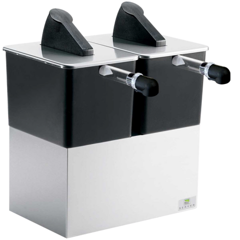 Server Server Express Dispenser Two 6 Quart Capacity 17.75"H x 14.95"W x 14"D Black Stainless Steel Base Plastic Shroud With Twin Pumps