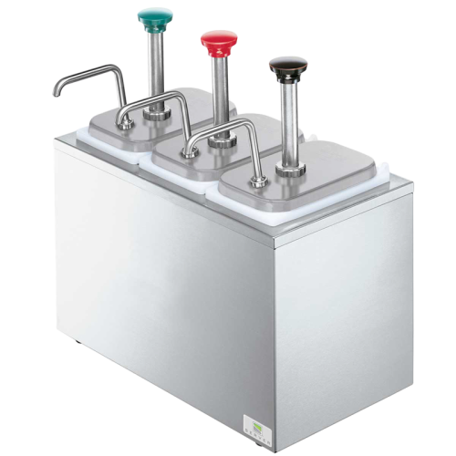 Server Serving Station Jars & Pumps (3)3.5 qt. Capacity 16.06"H x 15.5"W x 8.81"D Silver Stainless Steel Base Plastic Jars With Portion Reducing Collars