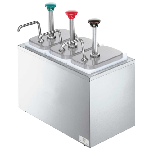 Server Serving Station Jars & Pumps (3)3.5 qt. Capacity 16.06"H x 15.5"W x 8.81"D Silver Stainless Steel Base Plastic Jars With Portion Reducing Collars