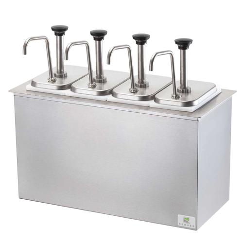 Server Drop-In Cold Station Jars & Pumps Four 3.5 qt. Capacity 6.44"H x 20.13"W x 12"D Silver Stainless Steel Plastic Jars With Insulated Base