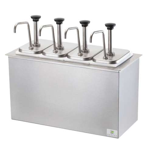 Server Drop-In Cold Station Jars & Pumps Four 3.5 qt. Capacity 6.44"H x 20.13"W x 12"D Silver Stainless Steel Plastic Jars With Insulated Base