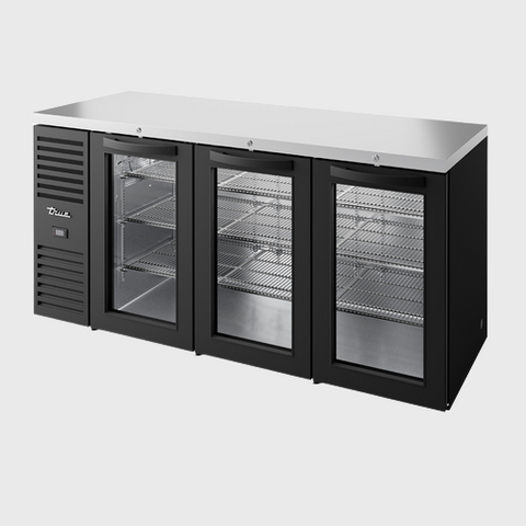 True Premier Bar Three-Section Refrigerated Back Bar Cooler 84"Width (3) Glass Hinged Doors with Black Powdered Steel Exterior