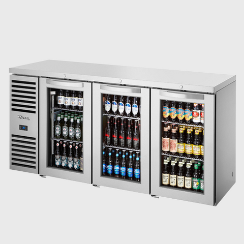 True Premier Bar Three-Section Refrigerated Back Bar Cooler 72"Width (3) Glass Hinged Doors with Stainless Steel Exterior