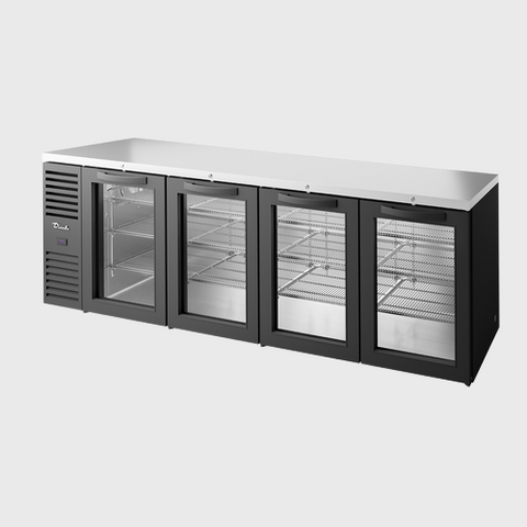 True Premier Bar Four-Section Refrigerated Back Bar Cooler 108"Width (4) Glass Hinged Doors with Black Powdered Steel Exterior