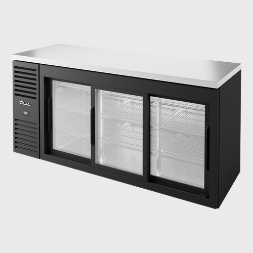 True Premier Bar Three-Section Refrigerated Back Bar Cooler 72"Width (3) Glass Sliding Doors with Black Powdered Steel Exterior