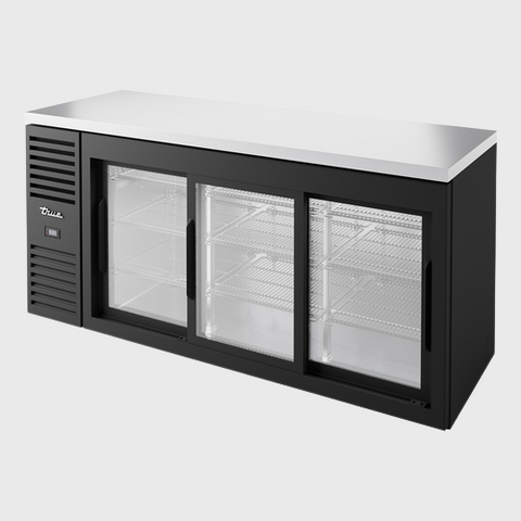 True Premier Bar Three-Section Refrigerated Back Bar Cooler 72"Width (3) Glass Sliding Doors with Black Powdered Steel Exterior