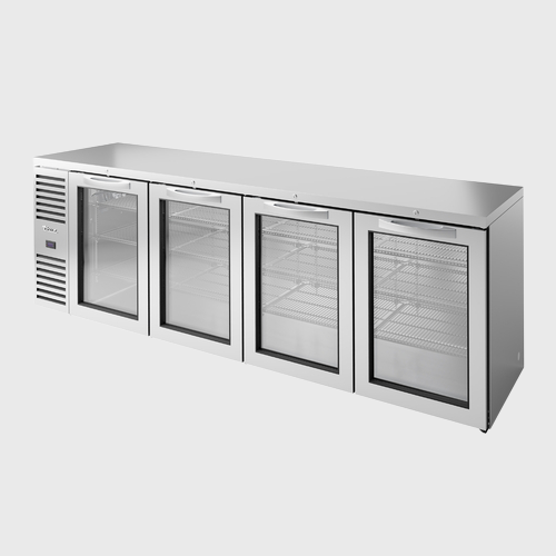 True Premier Bar Four-Section Refrigerated Back Bar Cooler 108"Width (4) Glass Hinged Doors with Stainless Steel Exterior