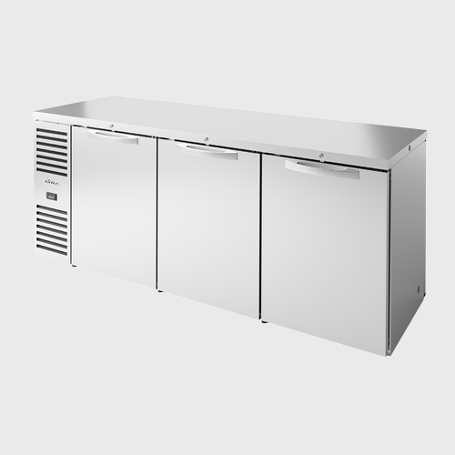 True Premier Bar Pass-Thru Three-Section Refrigerated Back Bar Cooler 84"Width (6) Solid Hinged Doors with Stainless Steel Exterior