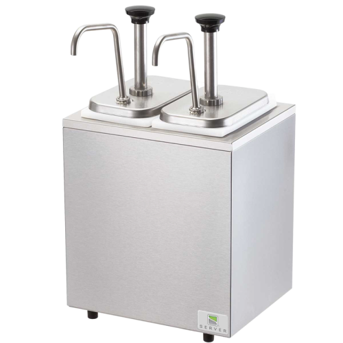 Server Serving Station Jars & Pump Two 3.5 qt. Capacity 16.06"H x 10.88"W x 8.81"D White Stainless Steel Base Plastic Jars With Portion Reducing Collars