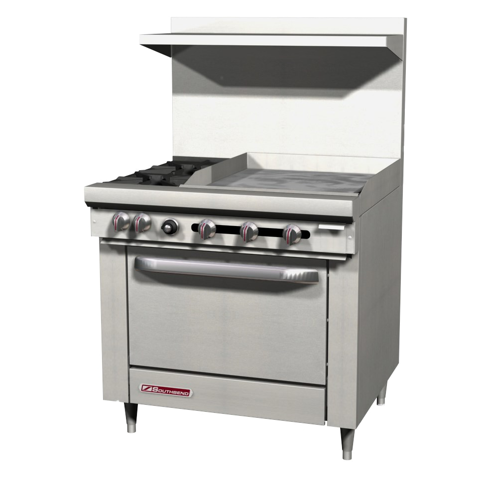 Southbend Stainless Steel Gas 36" Wide Restaurant Range with (4) Burners and 12" Griddle and Manual Controls