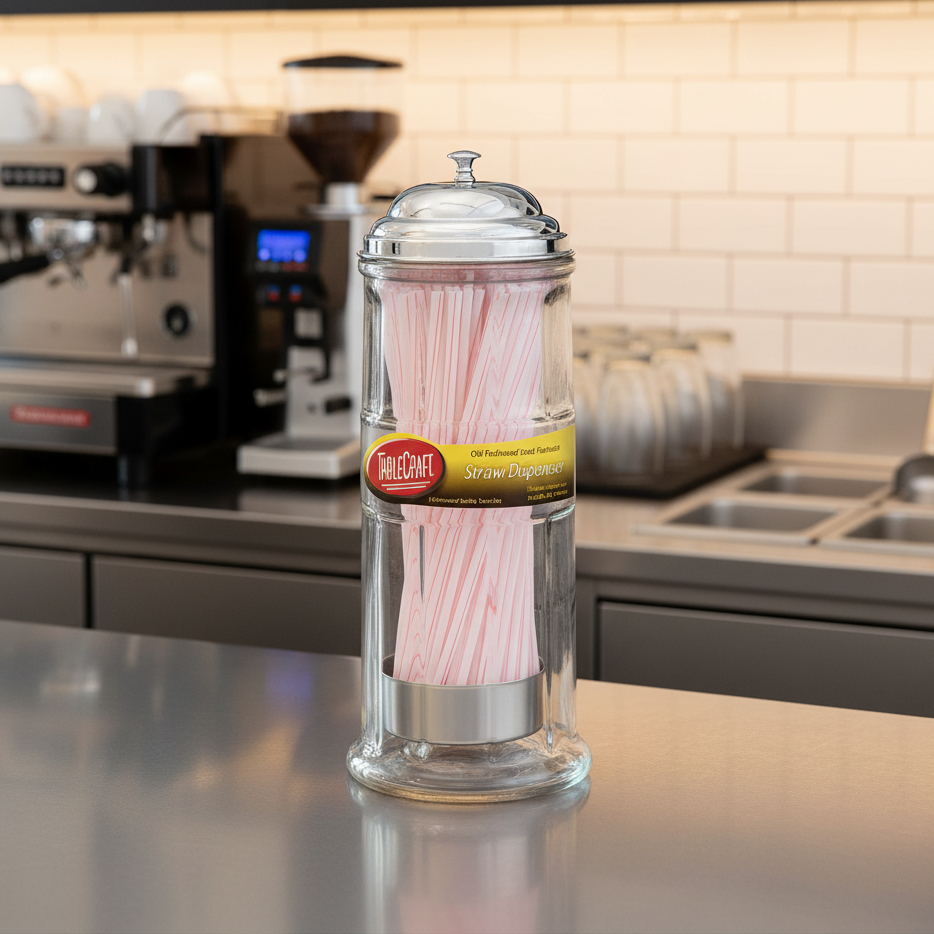 superior-equipment-supply - Tablecraft Products Co - Tablecraft Glass Straw Dispenser Includes 72 Straws 4-1/4" x 4-1/4" x 11