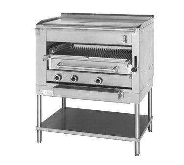 Montague Stainless Steel Infrared Deck Steakhouse Gas Broiler 45" with Black Sides and Plancha Top and Chrome Plated Sections