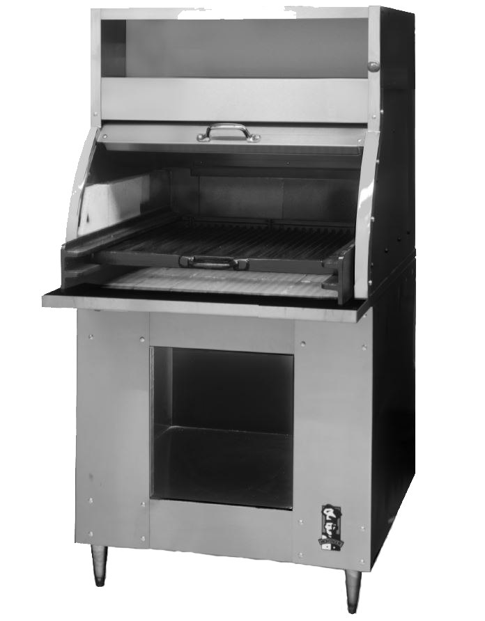 Montague Stainless Steel Charcoal Charbroiler 30" Wide with Warming Shelf and Hood and Painted Sides