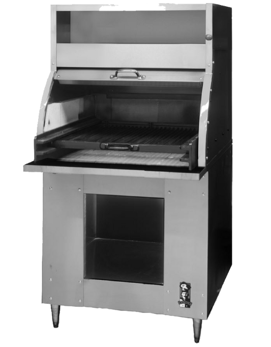 Montague Stainless Steel Charcoal Charbroiler 30" Wide with Warming Shelf and Hood and Painted Sides